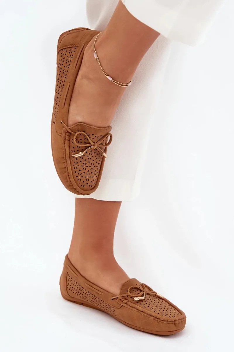 Loafersy Damskie|Mokasyny Damskie Skórzane>Boto Mokasyny Damskie Z Ażurowym Wzorem I Wiązaniem Camel Mirisa Brązowy