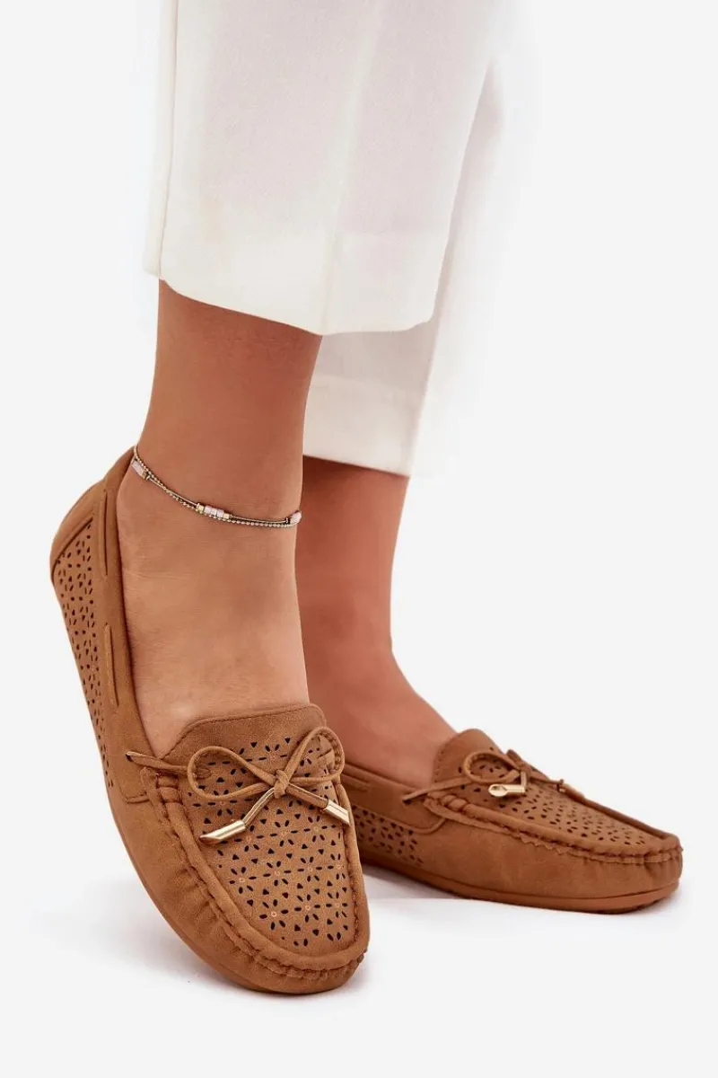 Loafersy Damskie|Mokasyny Damskie Skórzane>Boto Mokasyny Damskie Z Ażurowym Wzorem I Wiązaniem Camel Mirisa Brązowy