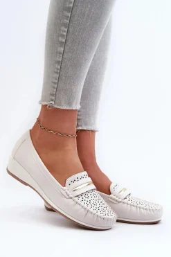 Hot Evento Mokasyny Damskie Z Ażurowym Wzorem Eko Skóry Zgaszona Białe Nassnema