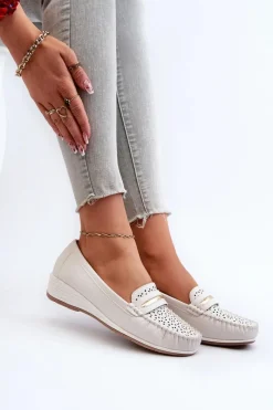 Hot Evento Mokasyny Damskie Z Ażurowym Wzorem Eko Skóry Zgaszona Białe Nassnema