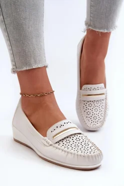 Hot Evento Mokasyny Damskie Z Ażurowym Wzorem Eko Skóry Zgaszona Białe Nassnema