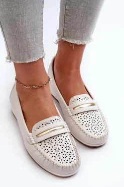 Hot Evento Mokasyny Damskie Z Ażurowym Wzorem Eko Skóry Zgaszona Białe Nassnema