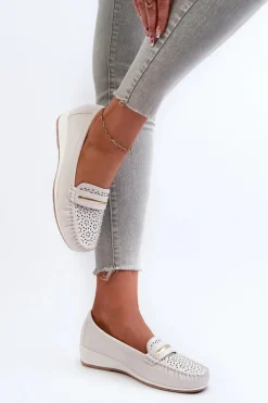 Hot Evento Mokasyny Damskie Z Ażurowym Wzorem Eko Skóry Zgaszona Białe Nassnema