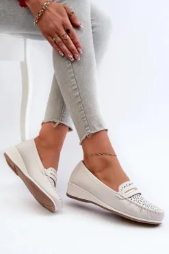 Hot Evento Mokasyny Damskie Z Ażurowym Wzorem Eko Skóry Zgaszona Białe Nassnema