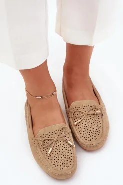 Discount Boto Mokasyny Damskie Z Ażurowym Wzorem I Wiązaniem Khaki Mirisa Beżowy
