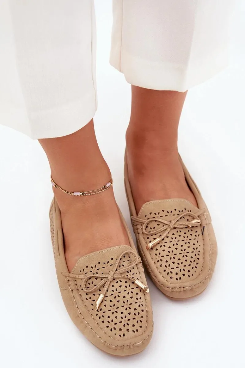 Discount Boto Mokasyny Damskie Z Ażurowym Wzorem I Wiązaniem Khaki Mirisa Beżowy