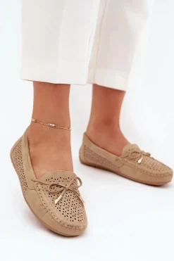 Discount Boto Mokasyny Damskie Z Ażurowym Wzorem I Wiązaniem Khaki Mirisa Beżowy