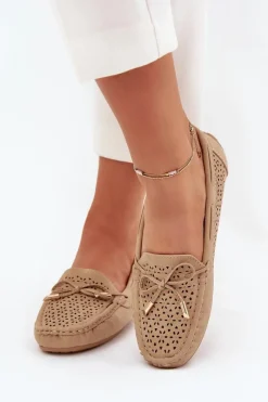Discount Boto Mokasyny Damskie Z Ażurowym Wzorem I Wiązaniem Khaki Mirisa Beżowy