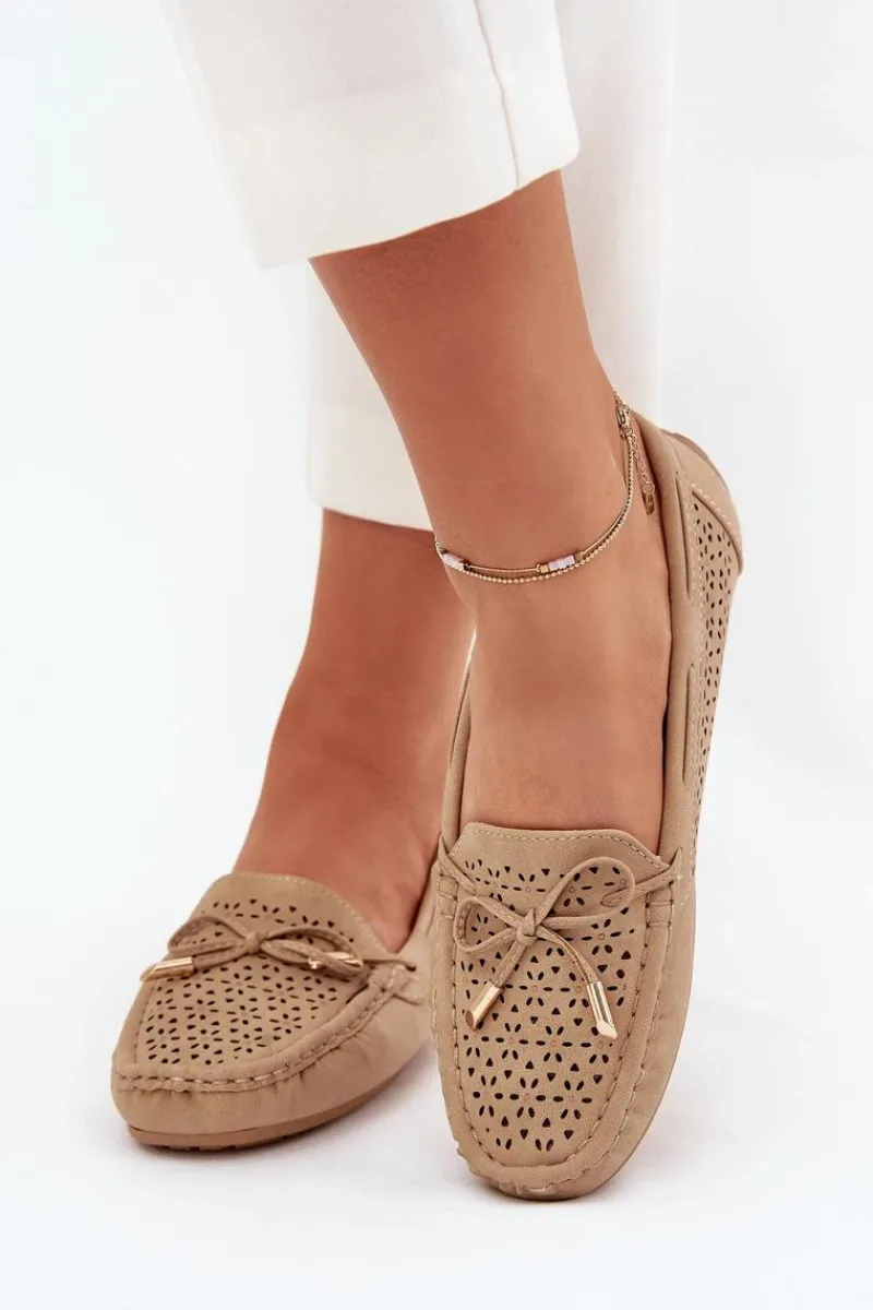 Discount Boto Mokasyny Damskie Z Ażurowym Wzorem I Wiązaniem Khaki Mirisa Beżowy