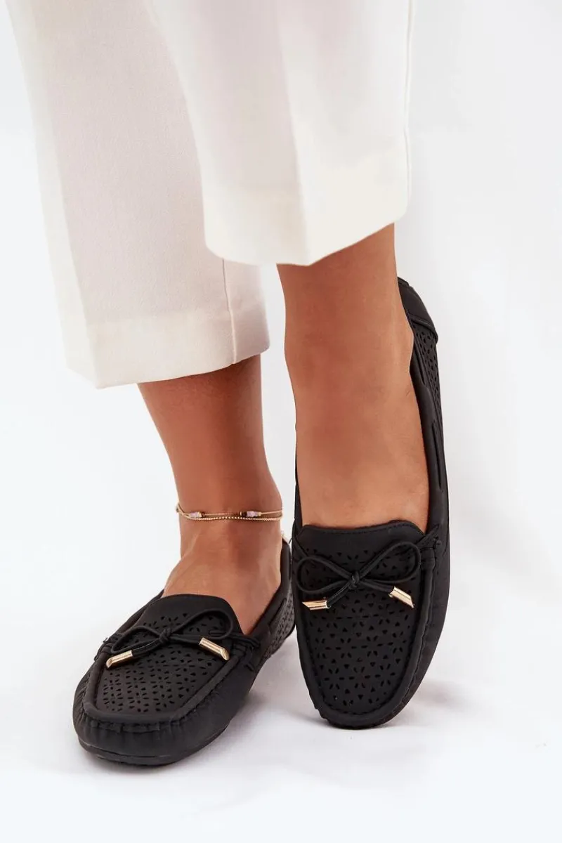 Outlet Mokasyny Damskie Z Ażurowym Wzorem I Wiązaniem Czarne Mirisa Damskie Loafersy Damskie|Mokasyny Damskie Skórzane