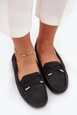 Outlet Mokasyny Damskie Z Ażurowym Wzorem I Wiązaniem Czarne Mirisa Damskie Loafersy Damskie|Mokasyny Damskie Skórzane