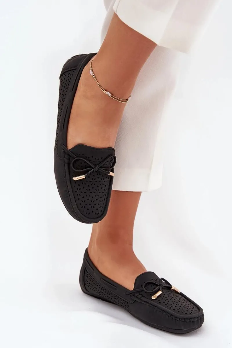 Outlet Mokasyny Damskie Z Ażurowym Wzorem I Wiązaniem Czarne Mirisa Damskie Loafersy Damskie|Mokasyny Damskie Skórzane