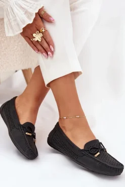 Outlet Mokasyny Damskie Z Ażurowym Wzorem I Wiązaniem Czarne Mirisa Damskie Loafersy Damskie|Mokasyny Damskie Skórzane