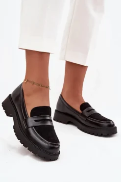 Mokasyny Damskie Skórzane>Evento Mokasyny Damskie Z Eko Skóry Czarne Cailen Czarny