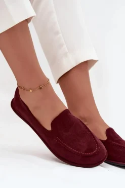 Hot Boto Mokasyny Damskie Z Eko Zamszu Płaskie Bordowe Miryelle Czerwony