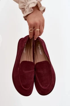 Hot Boto Mokasyny Damskie Z Eko Zamszu Płaskie Bordowe Miryelle Czerwony