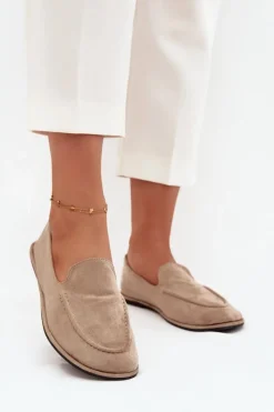 Clearance Mokasyny Damskie Z Eko Zamszu Płaskie Beżowe Miryelle Damskie Loafersy Damskie|Mokasyny Damskie Zamszowe