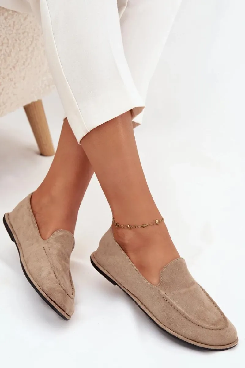 Clearance Mokasyny Damskie Z Eko Zamszu Płaskie Beżowe Miryelle Damskie Loafersy Damskie|Mokasyny Damskie Zamszowe