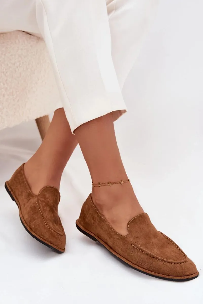 Outlet Mokasyny Damskie Z Eko Zamszu Płaskie Camel Miryelle Damskie Loafersy Damskie|Mokasyny Damskie Zamszowe