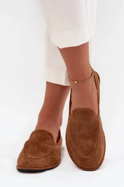 Outlet Mokasyny Damskie Z Eko Zamszu Płaskie Camel Miryelle Damskie Loafersy Damskie|Mokasyny Damskie Zamszowe