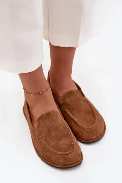 Outlet Mokasyny Damskie Z Eko Zamszu Płaskie Camel Miryelle Damskie Loafersy Damskie|Mokasyny Damskie Zamszowe