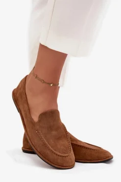 Outlet Mokasyny Damskie Z Eko Zamszu Płaskie Camel Miryelle Damskie Loafersy Damskie|Mokasyny Damskie Zamszowe