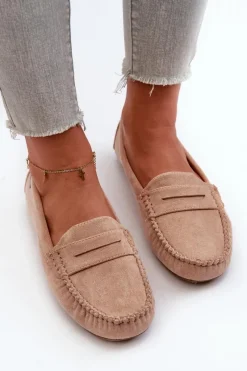 Loafersy Damskie|Mokasyny Damskie Skórzane>Boto Mokasyny Damskie Z Eko Zamszu Beżowe Rerceria