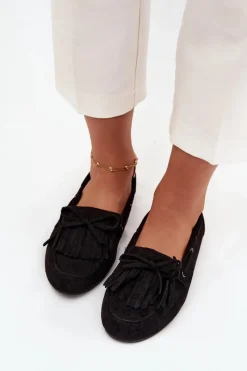 Hot Mokasyny Damskie Z Frędzlami I Kokardką Czarne Olivianne Damskie Loafersy Damskie|Mokasyny Damskie Zamszowe