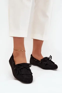 Hot Mokasyny Damskie Z Frędzlami I Kokardką Czarne Olivianne Damskie Loafersy Damskie|Mokasyny Damskie Zamszowe