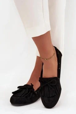 Hot Mokasyny Damskie Z Frędzlami I Kokardką Czarne Olivianne Damskie Loafersy Damskie|Mokasyny Damskie Zamszowe
