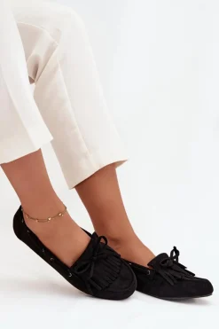 Hot Mokasyny Damskie Z Frędzlami I Kokardką Czarne Olivianne Damskie Loafersy Damskie|Mokasyny Damskie Zamszowe