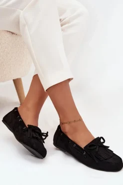 Hot Mokasyny Damskie Z Frędzlami I Kokardką Czarne Olivianne Damskie Loafersy Damskie|Mokasyny Damskie Zamszowe