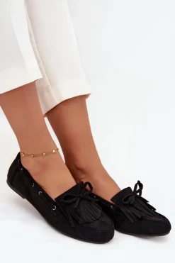 Hot Mokasyny Damskie Z Frędzlami I Kokardką Czarne Olivianne Damskie Loafersy Damskie|Mokasyny Damskie Zamszowe