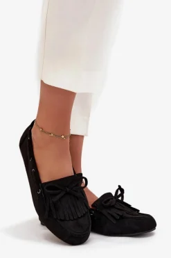 Hot Mokasyny Damskie Z Frędzlami I Kokardką Czarne Olivianne Damskie Loafersy Damskie|Mokasyny Damskie Zamszowe