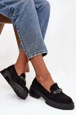 Loafersy Damskie|Mokasyny Na Platformie>Boto Mokasyny Damskie Z Kryształkami Eko Zamszowe Czarne Lavisse