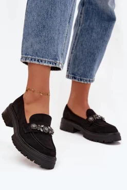 Loafersy Damskie|Mokasyny Na Platformie>Boto Mokasyny Damskie Z Kryształkami Eko Zamszowe Czarne Lavisse