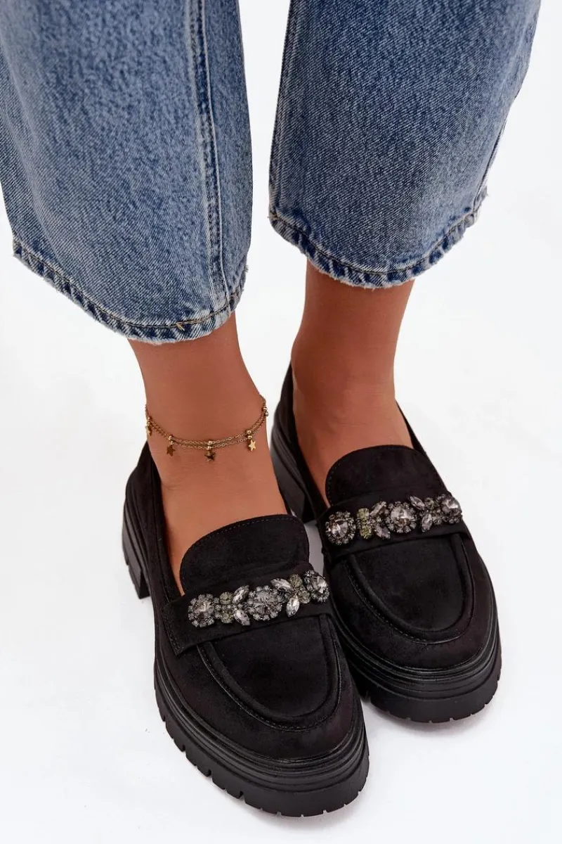 Loafersy Damskie|Mokasyny Na Platformie>Boto Mokasyny Damskie Z Kryształkami Eko Zamszowe Czarne Lavisse
