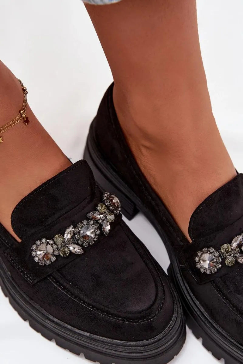 Loafersy Damskie|Mokasyny Na Platformie>Boto Mokasyny Damskie Z Kryształkami Eko Zamszowe Czarne Lavisse