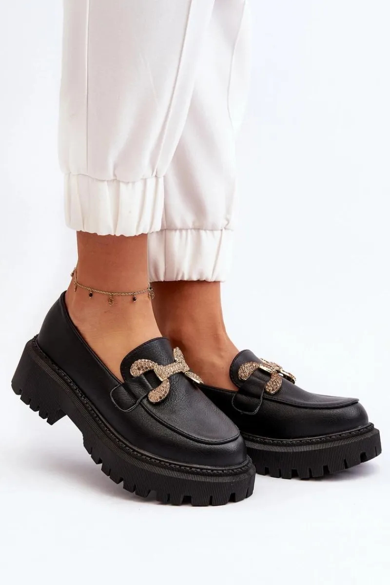 Hot Boto Mokasyny Damskie Z Ozdobą Czarne Gargi