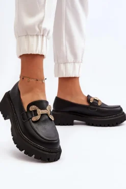 Hot Boto Mokasyny Damskie Z Ozdobą Czarne Gargi