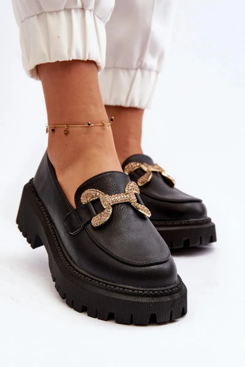 Hot Boto Mokasyny Damskie Z Ozdobą Czarne Gargi