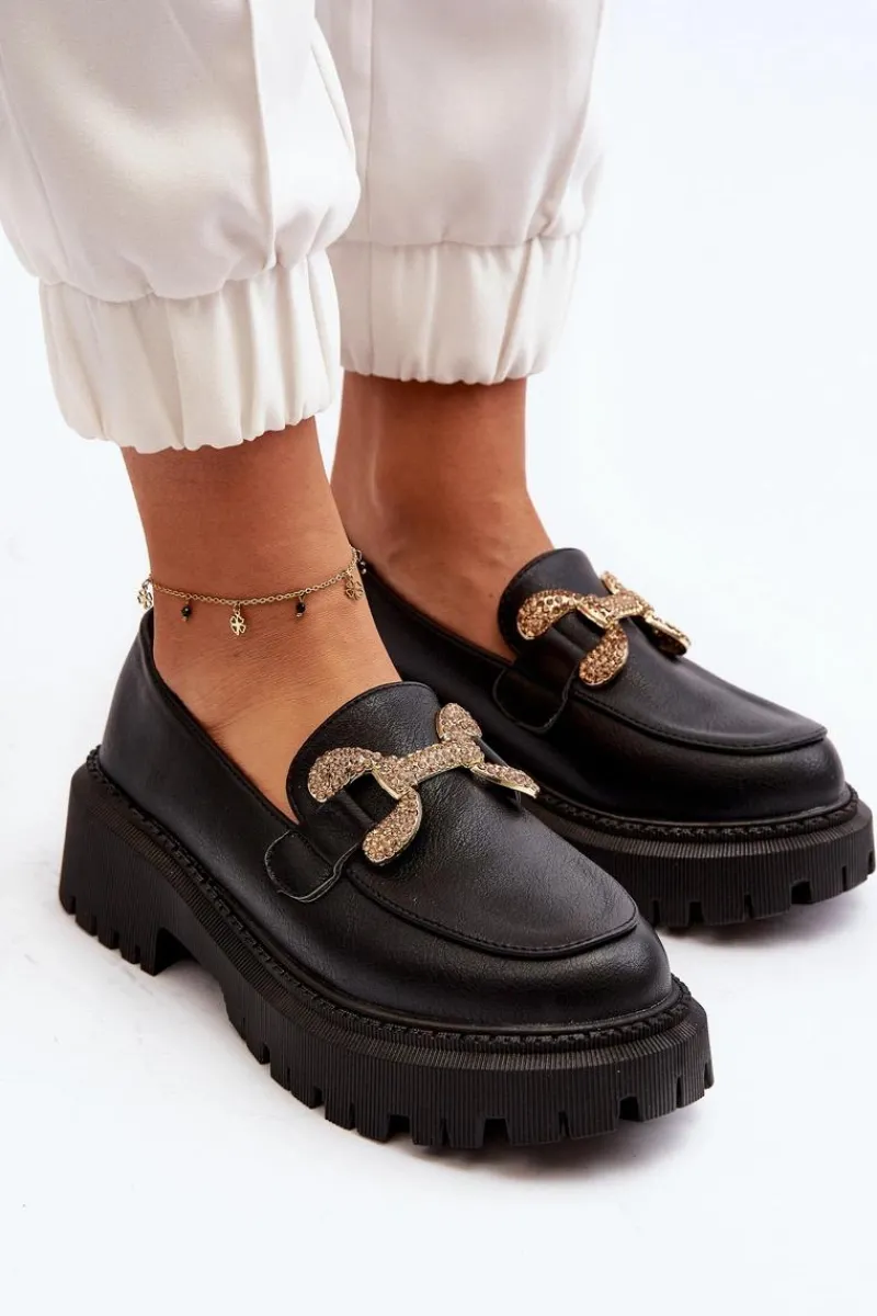 Hot Boto Mokasyny Damskie Z Ozdobą Czarne Gargi