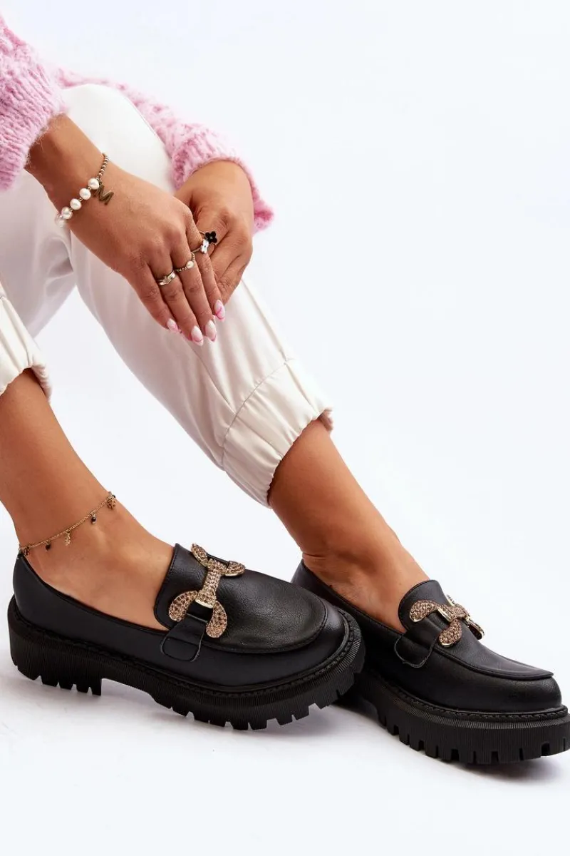 Hot Boto Mokasyny Damskie Z Ozdobą Czarne Gargi