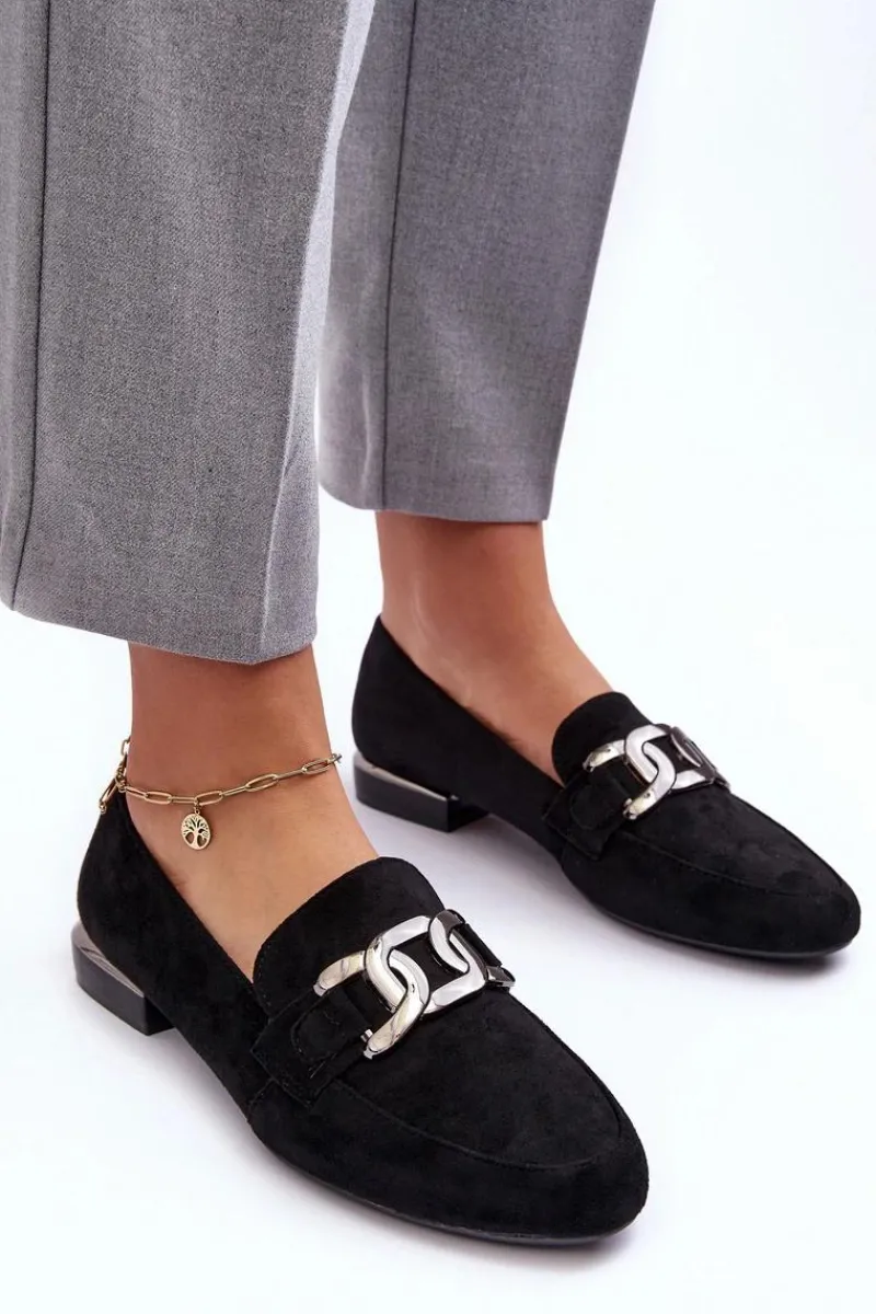 Mokasyny Damskie Skórzane|Mokasyny Damskie Zamszowe>Buty Sergio Leone Mokasyny Damskie Z Ozdobą Czarne Camilena - Zamsz Czarny