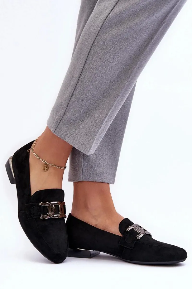 Mokasyny Damskie Skórzane|Mokasyny Damskie Zamszowe>Buty Sergio Leone Mokasyny Damskie Z Ozdobą Czarne Camilena - Zamsz Czarny