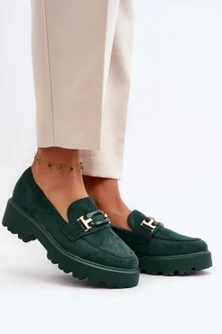 Outlet Mokasyny Damskie Z Ozdobą Ciemnozielone Omavia Damskie Mokasyny Damskie Zamszowe