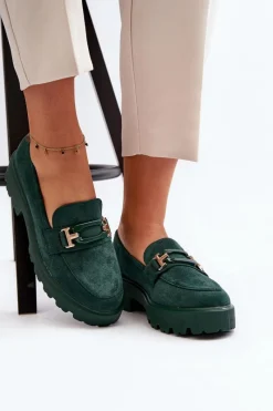 Outlet Mokasyny Damskie Z Ozdobą Ciemnozielone Omavia Damskie Mokasyny Damskie Zamszowe
