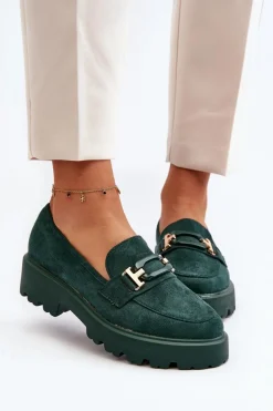 Outlet Mokasyny Damskie Z Ozdobą Ciemnozielone Omavia Damskie Mokasyny Damskie Zamszowe