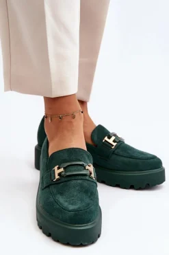 Outlet Mokasyny Damskie Z Ozdobą Ciemnozielone Omavia Damskie Mokasyny Damskie Zamszowe