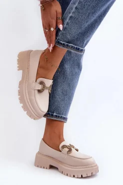 Discount Mokasyny Damskie Z Ozdobą Jasnobeżowe Gargi Damskie Mokasyny Na Platformie|Mokasyny Damskie Zamszowe